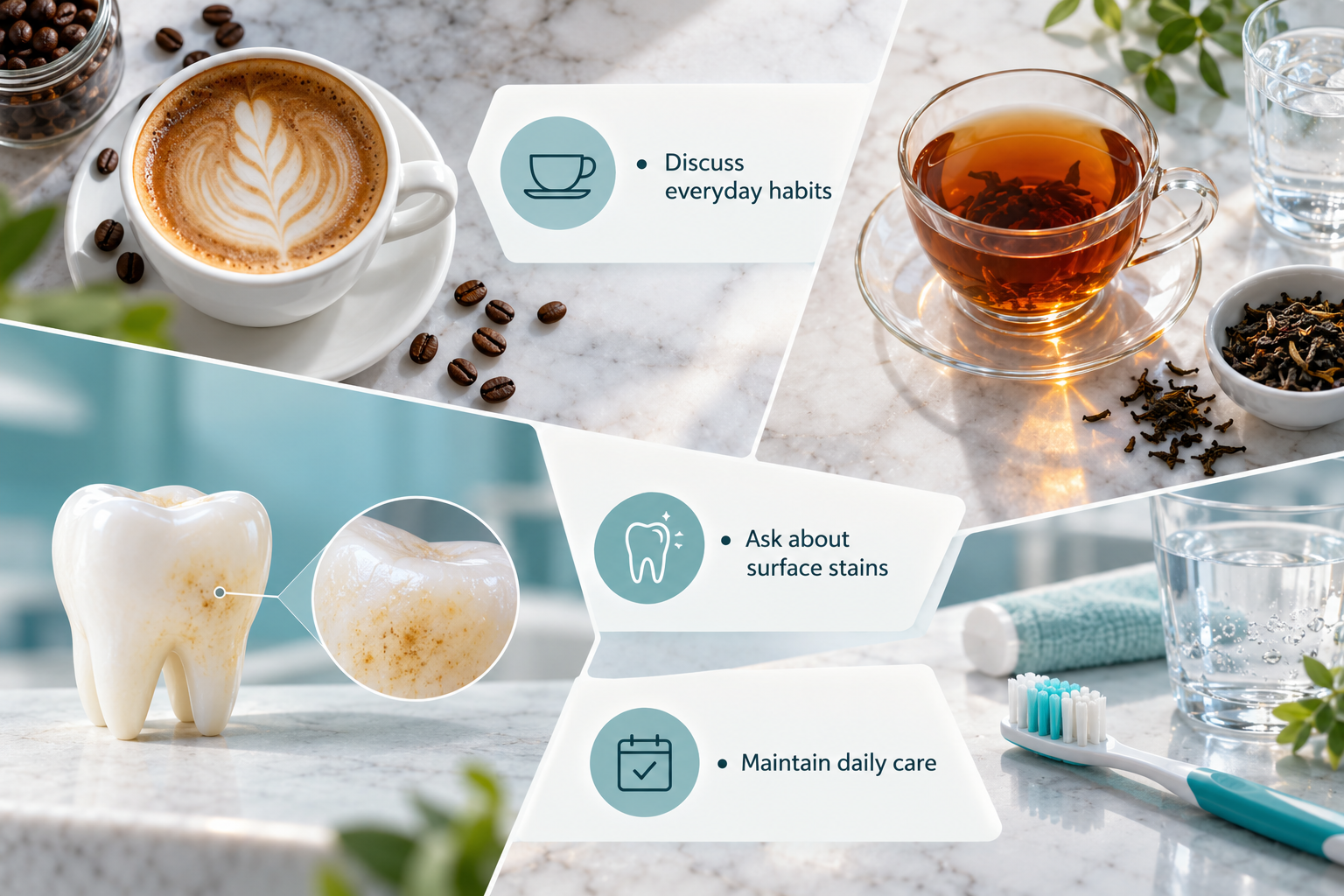 Coffee and tea staining infographic: Discuss everyday habits; Ask about surface stains; Maintain daily care