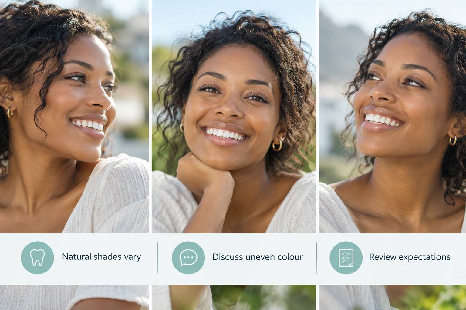 An even natural smile infographic: Natural shades vary; Discuss uneven colour; Review expectations