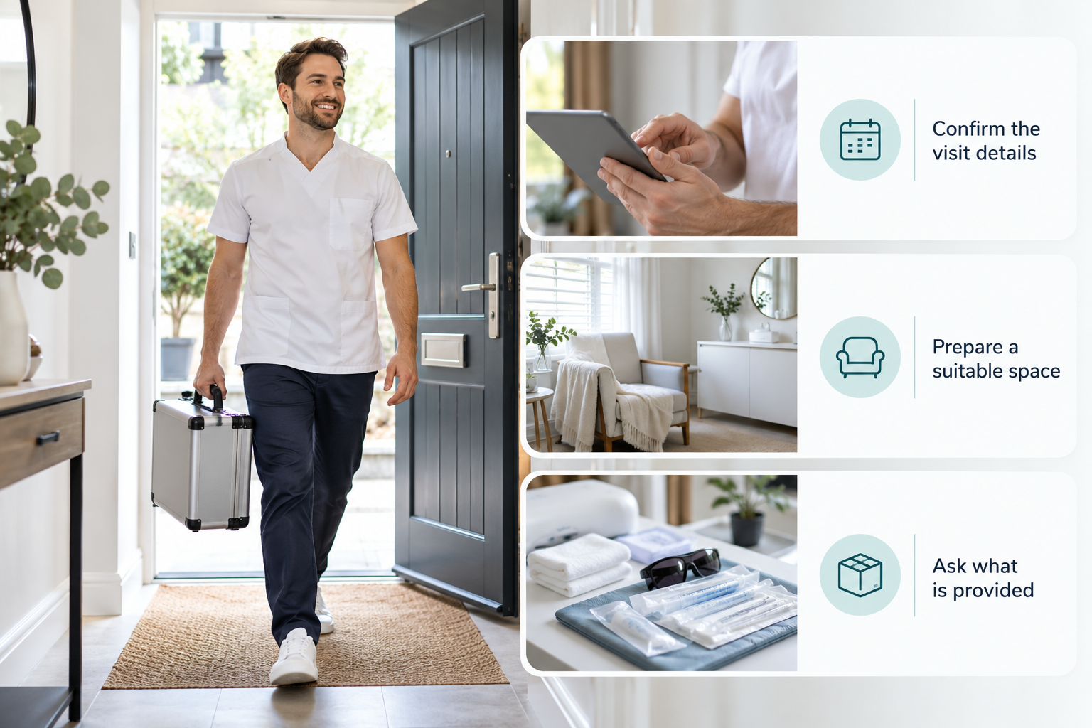 What a home visit involves infographic: Confirm the visit details; Prepare a suitable space; Ask what is provided