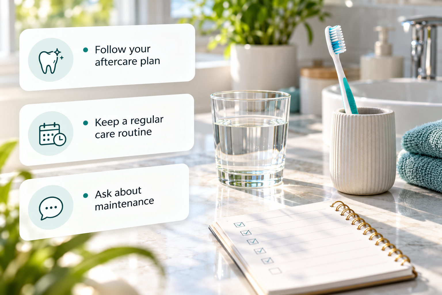 Aftercare and maintaining results infographic: Follow your aftercare plan; Keep a regular care routine; Ask about maintenance