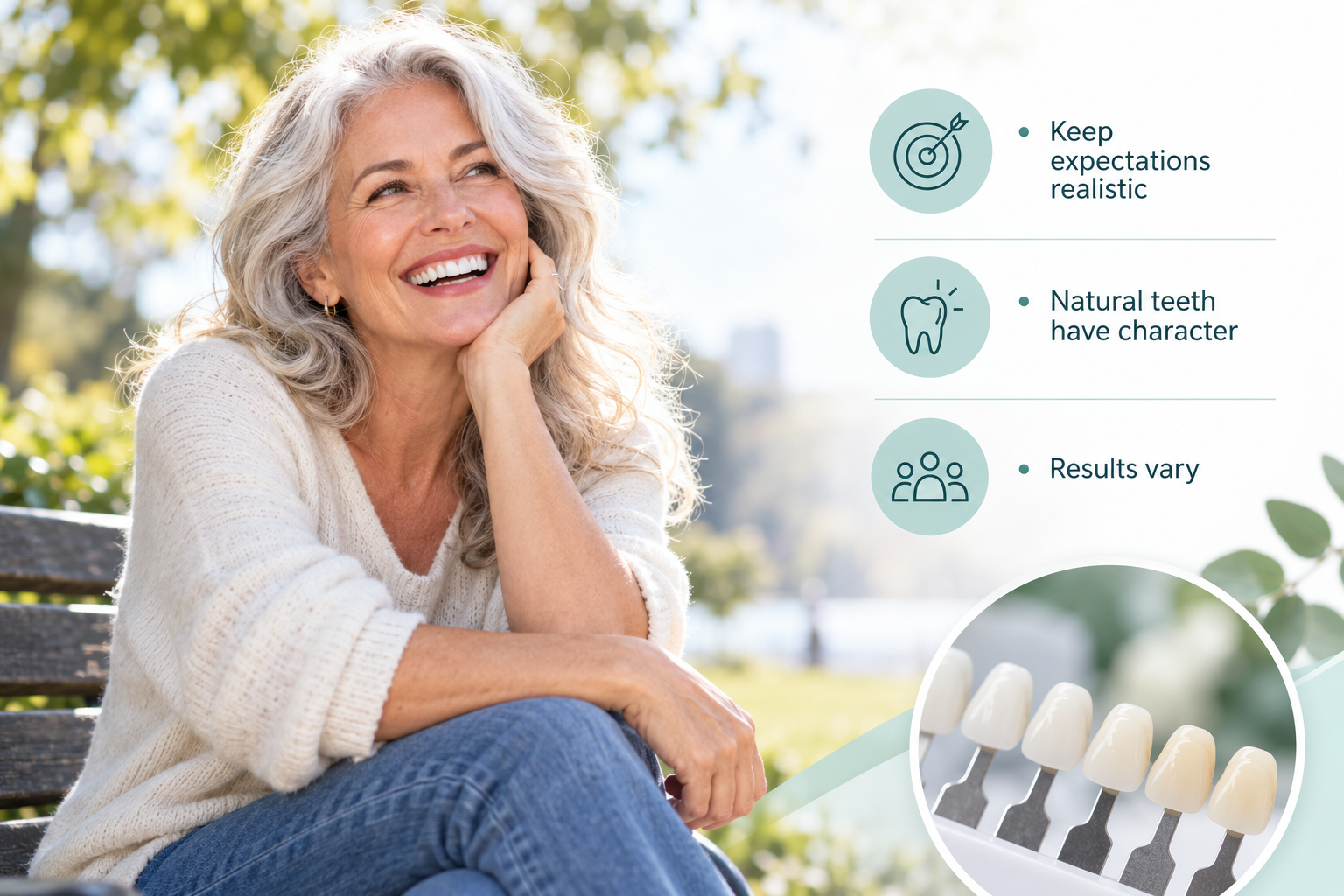 A natural-looking finish infographic: Keep expectations realistic; Natural teeth have character; Results vary