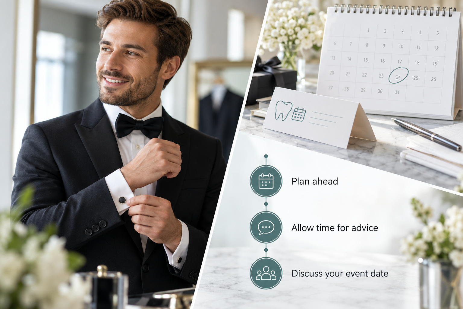 Timing treatment around an occasion infographic: Plan ahead; Allow time for advice; Discuss your event date