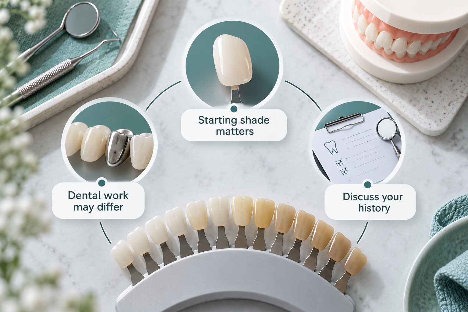 Factors shaping your outcome infographic: Starting shade matters; Dental work may differ; Discuss your history