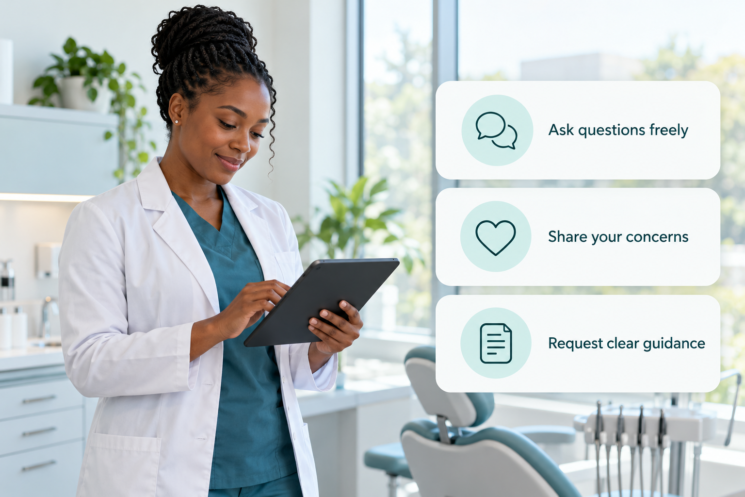 Our approach to patient care infographic: Ask questions freely; Share your concerns; Request clear guidance