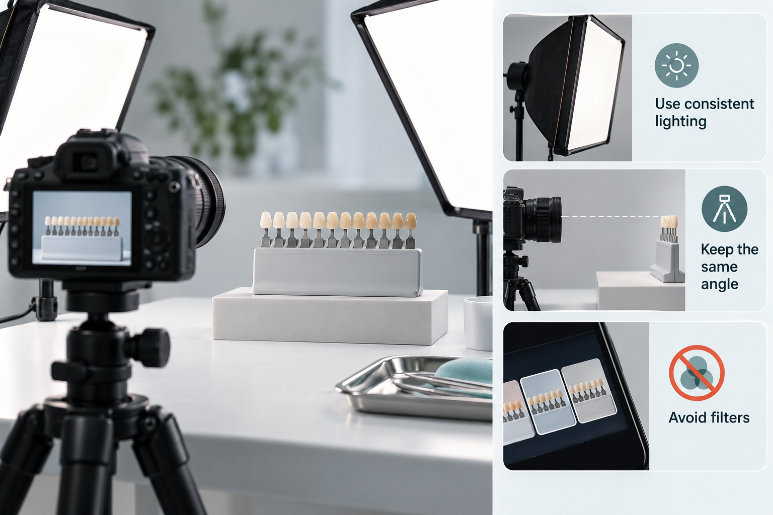 Recording results consistently infographic: Use consistent lighting; Keep the same angle; Avoid filters
