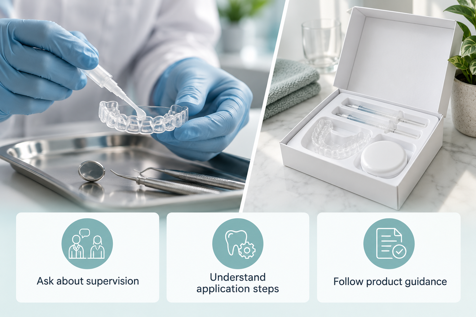 Professional application compared with home kits infographic: Ask about supervision; Understand application steps; Follow product guidance