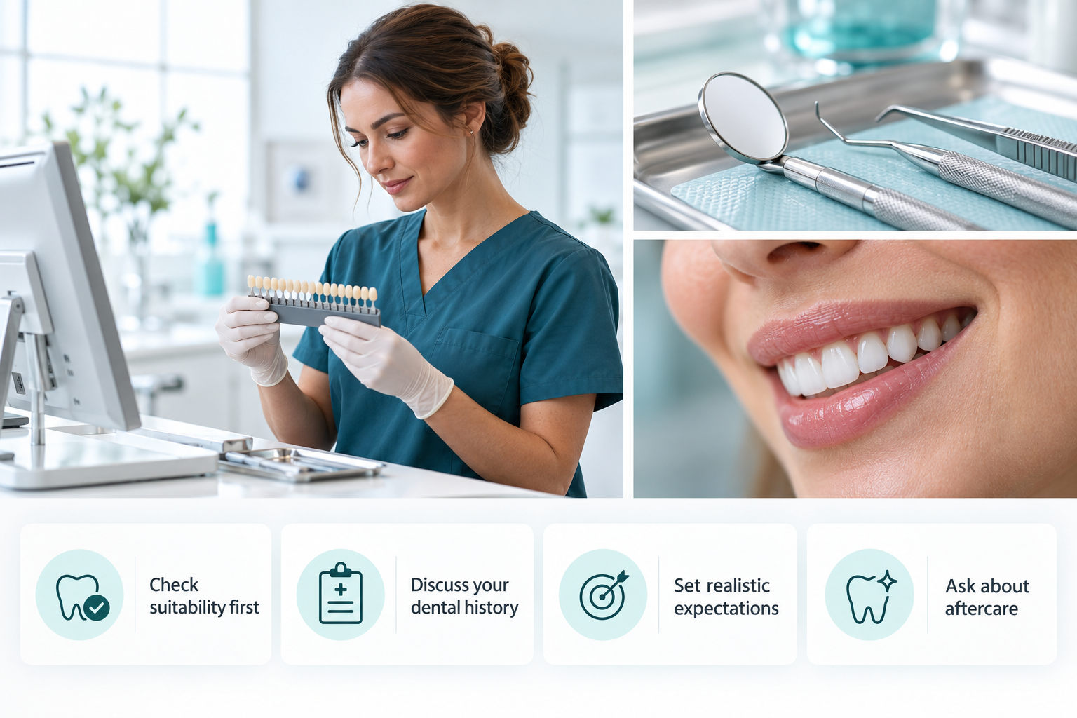Why professional assessment matters infographic: Check suitability first; Discuss your dental history; Set realistic expectations; Ask about aftercare