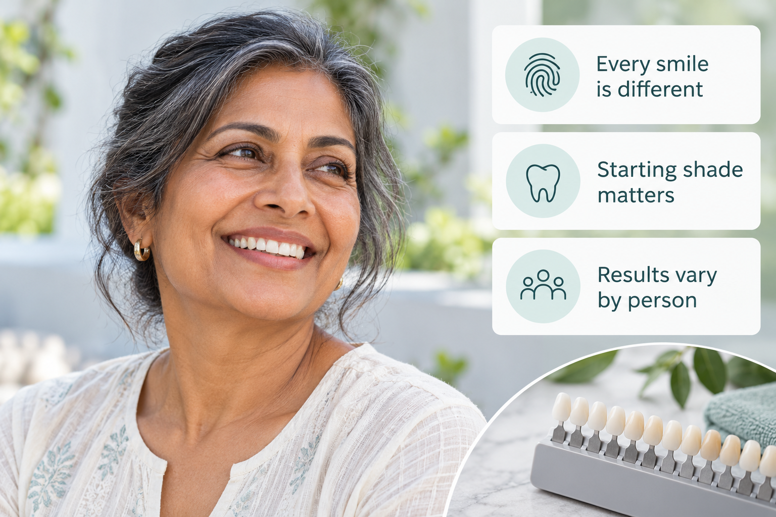 Realistic results and expectations infographic: Every smile is different; Starting shade matters; Results vary by person