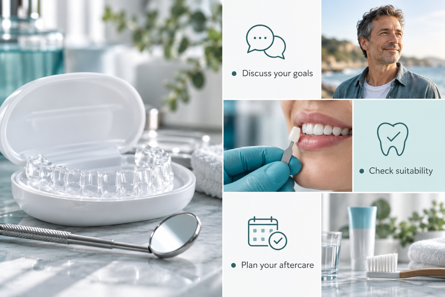 Teeth whitening service overview infographic: Discuss your goals; Check suitability; Plan your aftercare