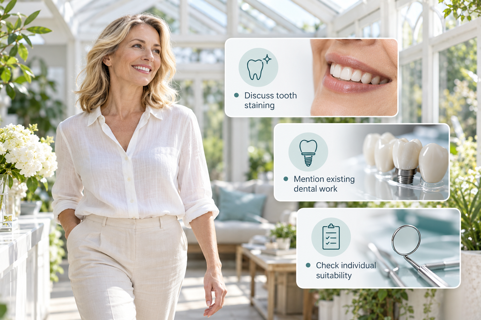 Who the treatment is for infographic: Discuss tooth staining; Mention existing dental work; Check individual suitability