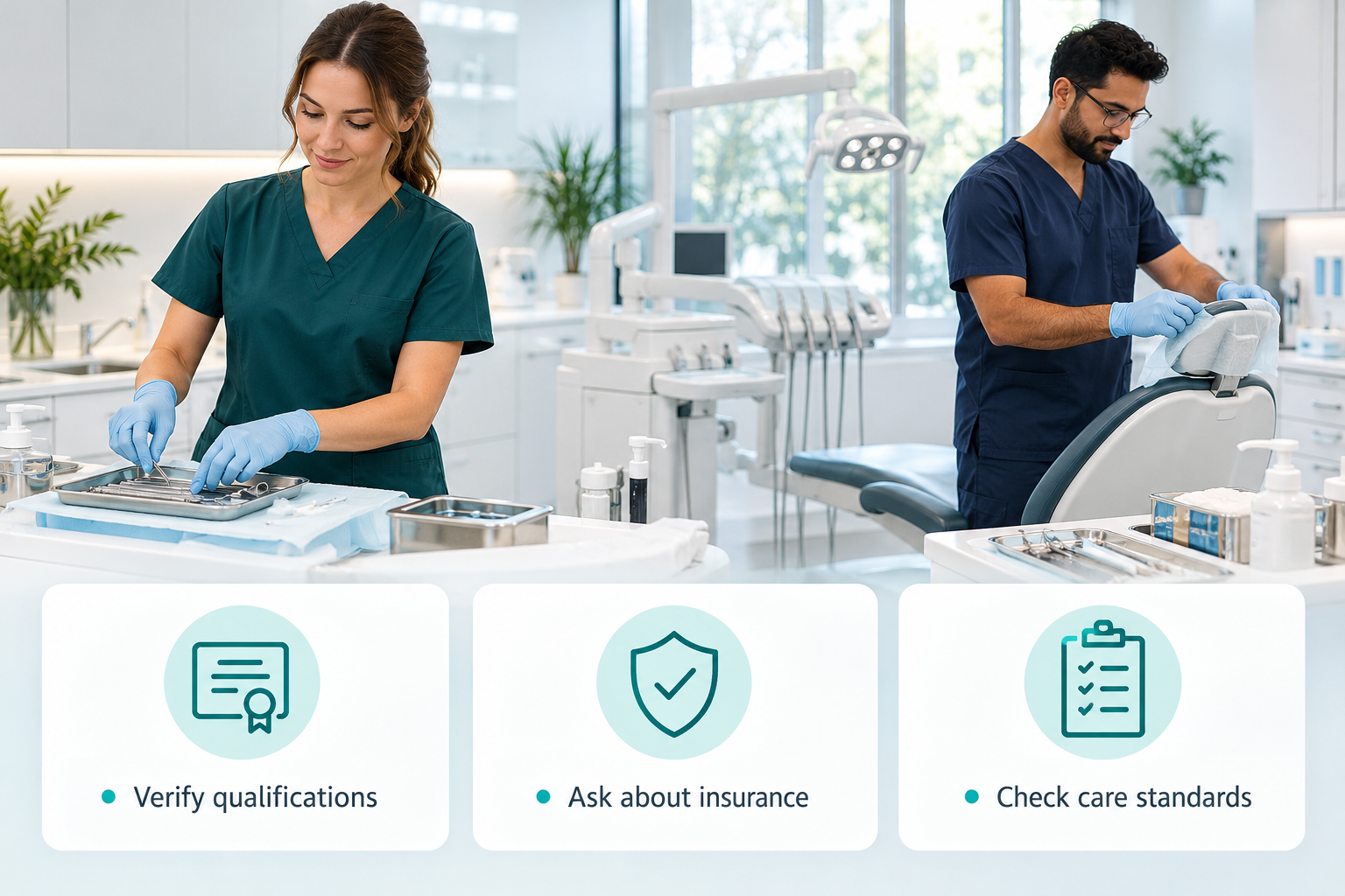 Trained and insured practitioners infographic: Verify qualifications; Ask about insurance; Check care standards