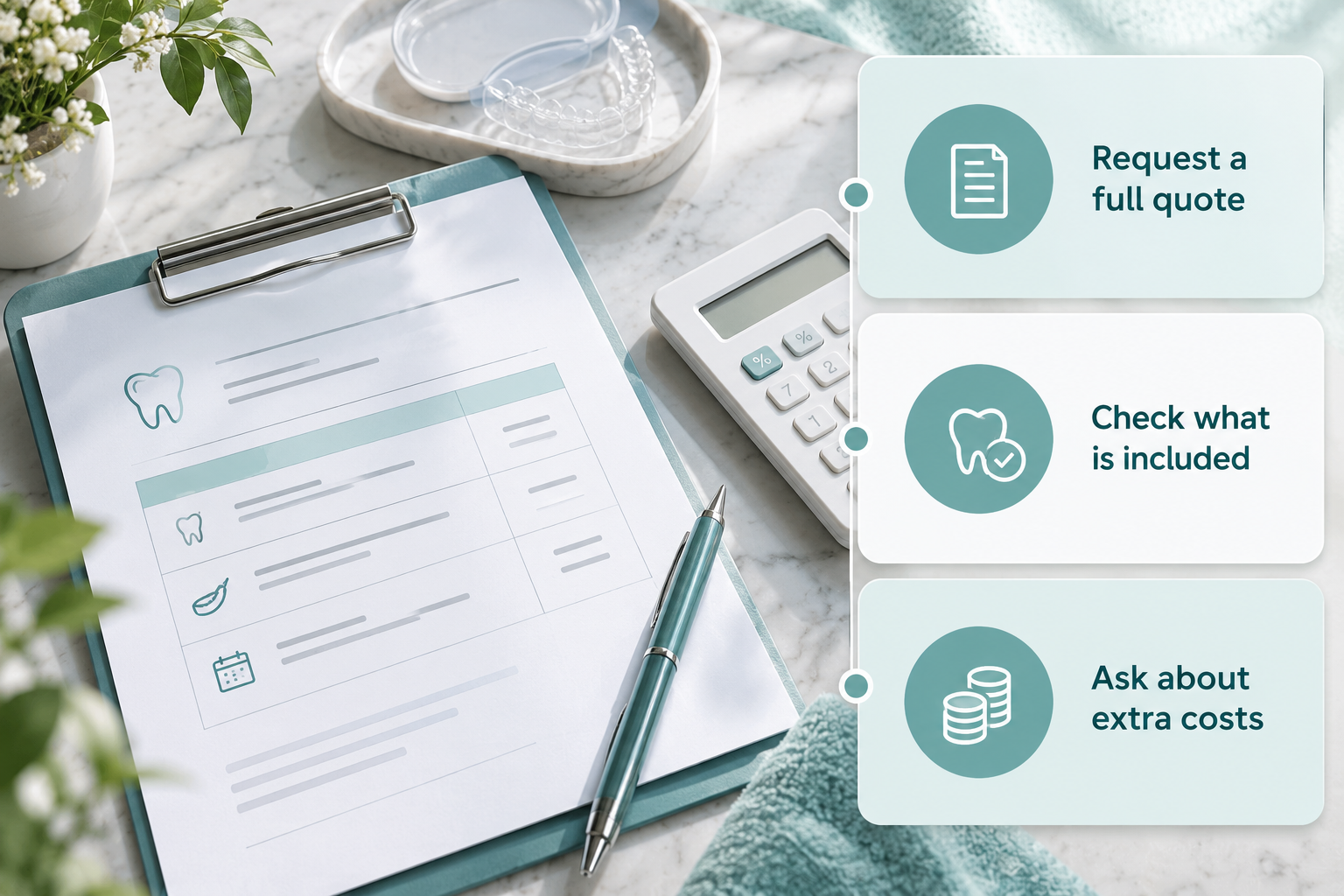 Clear transparent pricing infographic: Request a full quote; Check what is included; Ask about extra costs